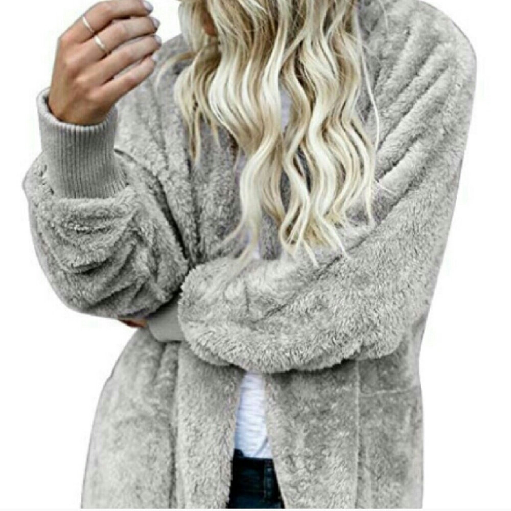 Last 1!  SOFT FUZZY fleece cardigan hoodie Gray - Picture 3 of 8